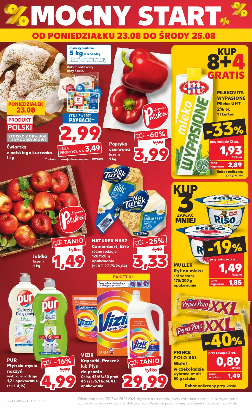 Gazetka promocyjna Kaufland - OFERTA TYGODNIA - ważna 19.08 do 25.08.2021 - strona 56 - produkty: Brie, Camembert, Do mycia naczyń, Gra, Jabłka, Kurczak, Mleko, Mlekovita, Müller, NaTurek, Papryka, Papryka czerwona, Płyn do mycia, Płyn do mycia naczyń, Płyn do prania, Prince Polo, Pur, Ryż, Ryż na mleku, Vizir