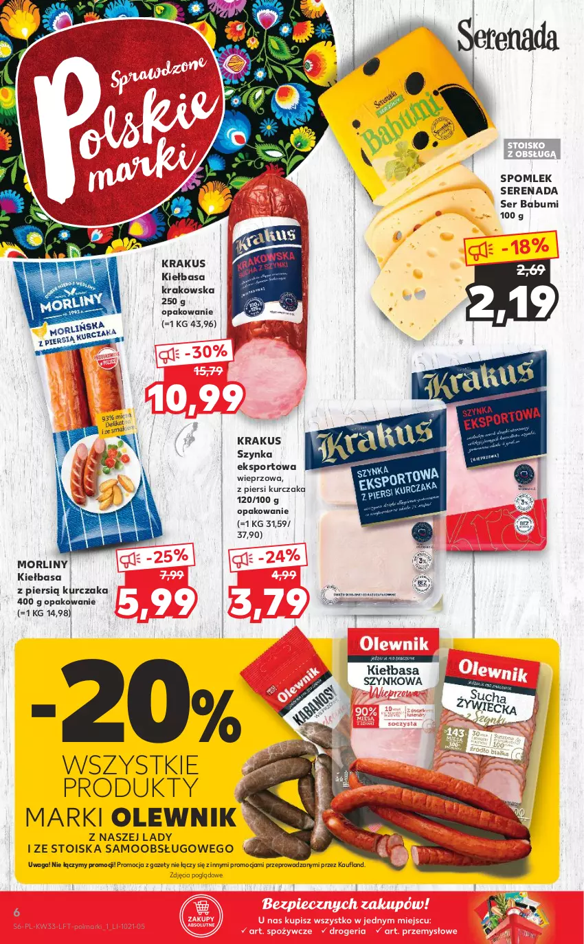 Gazetka promocyjna Kaufland - OFERTA TYGODNIA - ważna 19.08 do 25.08.2021 - strona 6 - produkty: Kiełbasa, Kiełbasa krakowska, Krakus, Kurczak, Morliny, Olewnik, Olma, Piec, Por, Ser, Sport, Szynka, Waga