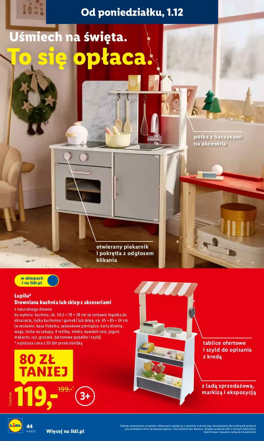 Gazetka promocyjna Lidl - Katalog Zabawki - ważna 03.11 do 24.12.2025 - strona 44 - produkty: Drewniana kuchnia, Garnek, Groszek, Haczyk, Jogurt, Kawa, Kuchnia, Makaron, Mleko, Piekarnik, Półka, Pudełko, Ryż, Ser, Torba, Torba na zakupy, Waga, Wałek
