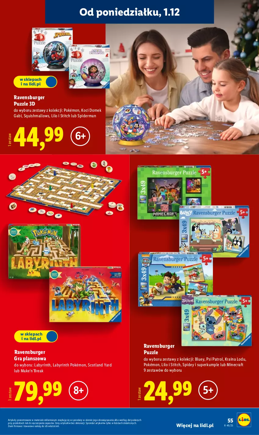 Gazetka promocyjna Lidl - Katalog Zabawki - ważna 03.11 do 24.12.2025 - strona 55 - produkty: Burger, Gra, Koc, Minecraft, Pokémon, Psi Patrol, Puzzle, Ravensburger, Spiderman