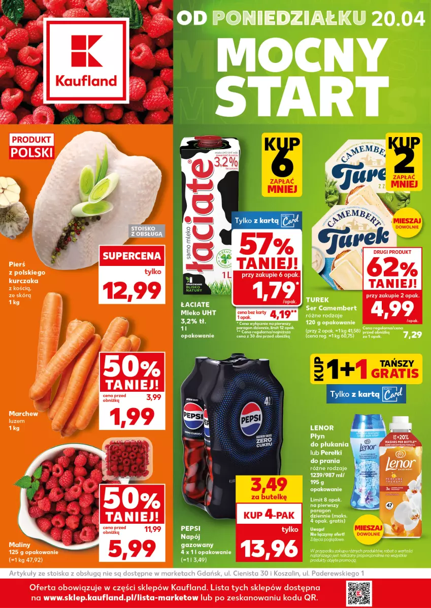Gazetka promocyjna Kaufland - Mocny Start - ważna 20.04 do 22.04.2026 - strona 1 - produkty: Camembert, Gra, Kurczak, Lenor, Maliny, Mleko, Napój, Płyn do płukania, Por, Ser, Waga