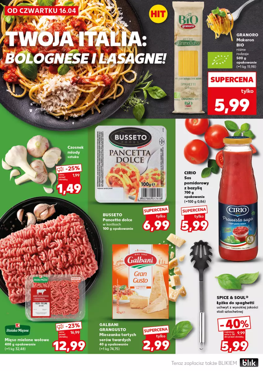 Gazetka promocyjna Kaufland - Mocny Start - ważna 20.04 do 22.04.2026 - strona 12 - produkty: Bazyl, Czosnek, Dada, Galbani, Gra, Makaron, Mięso, Mięso mielone, Ser, Sok, Sos, Sos pomidorowy, Spaghetti