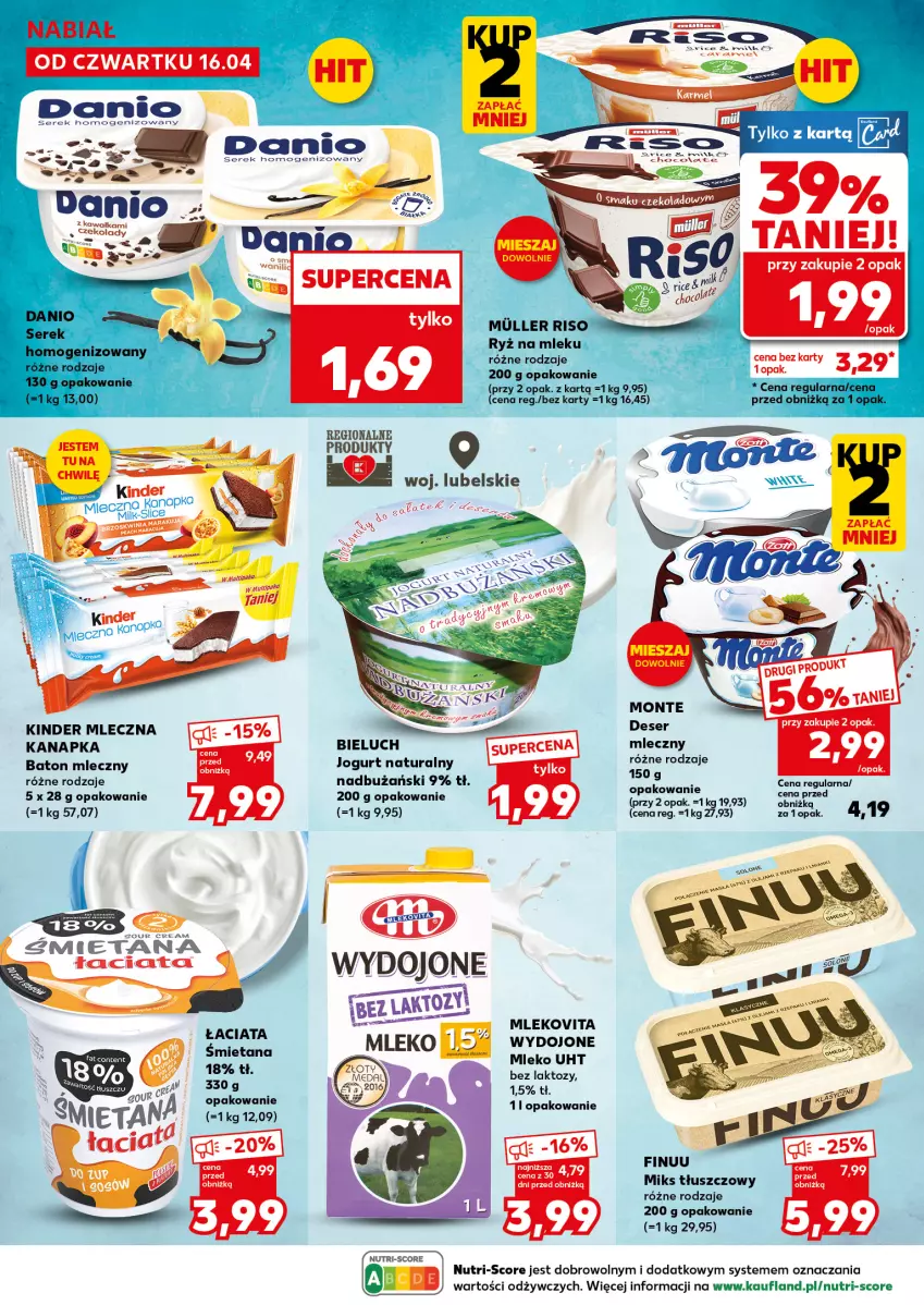 Gazetka promocyjna Kaufland - Mocny Start - ważna 20.04 do 22.04.2026 - strona 24 - produkty: Baton, Bieluch, Danio, Deser, Deser mleczny, Fa, Finuu, Jogurt, Jogurt naturalny, Kawa, Kinder, Miks tłuszczowy, Mleczna kanapka, Mleko, Mlekovita, Ryż, Ryż na mleku, Sałat, Ser, Serek, Serek homogenizowany
