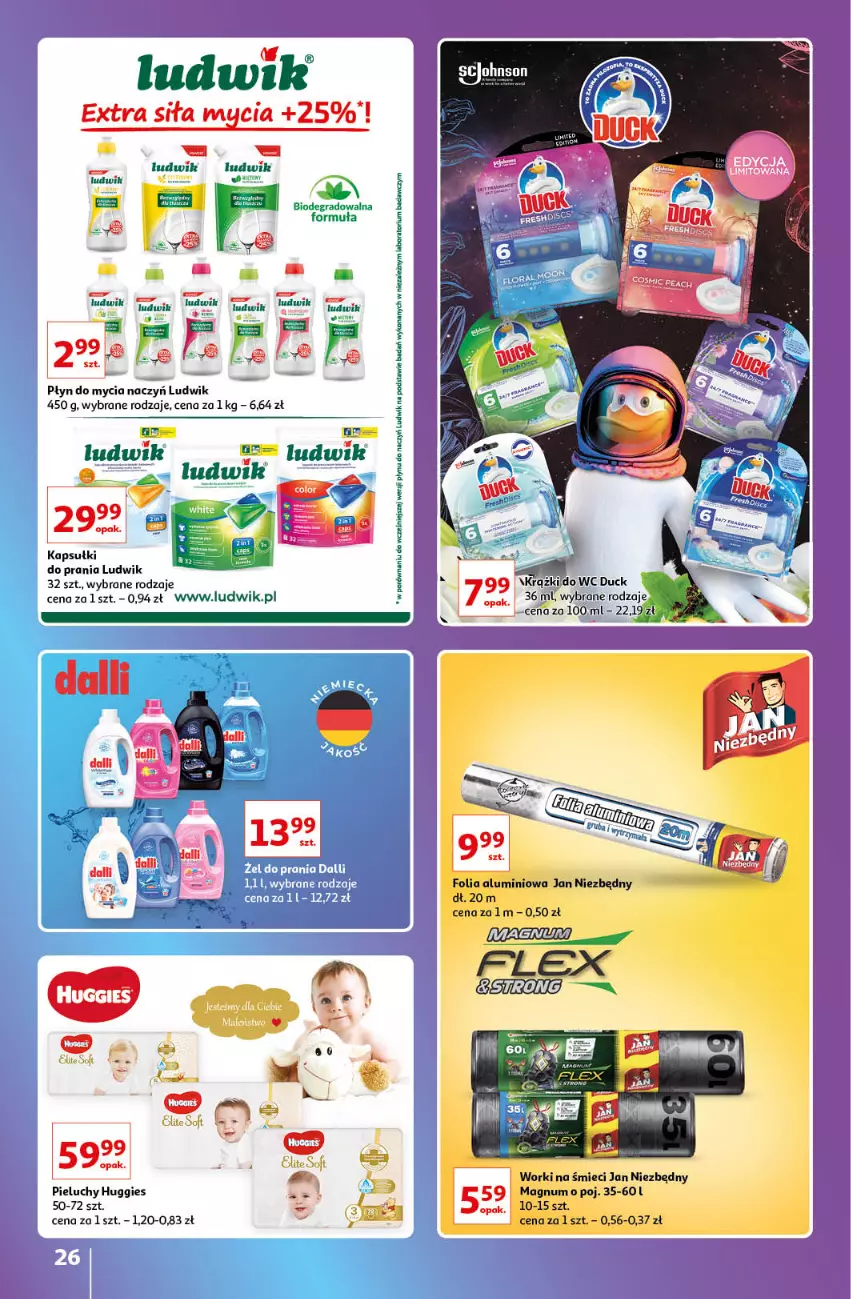 Gazetka promocyjna Auchan - Gazetka Znane Lubiane Marki Hipermarkety - ważna 08.09 do 14.09.2022 - strona 26 - produkty: Do mycia naczyń, Duck, Huggies, Kapsułki do prania, Ludwik, Pieluchy, Płyn do mycia, Płyn do mycia naczyń, Por