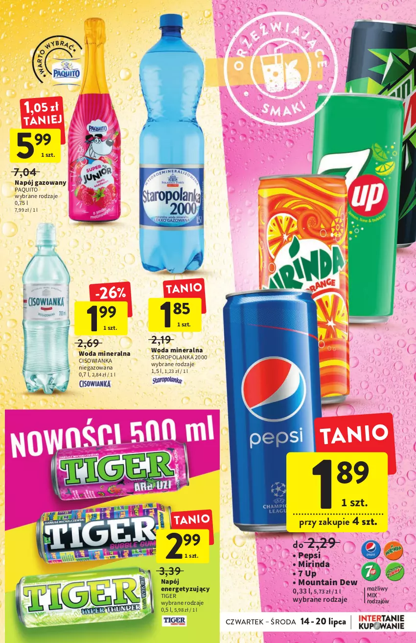 Gazetka promocyjna Intermarche - ważna 14.07 do 20.07.2022 - strona 29 - produkty: Cisowianka, Mirinda, Napój, Napój gazowany, Pepsi, Staropolanka, Tiger, Woda, Woda mineralna