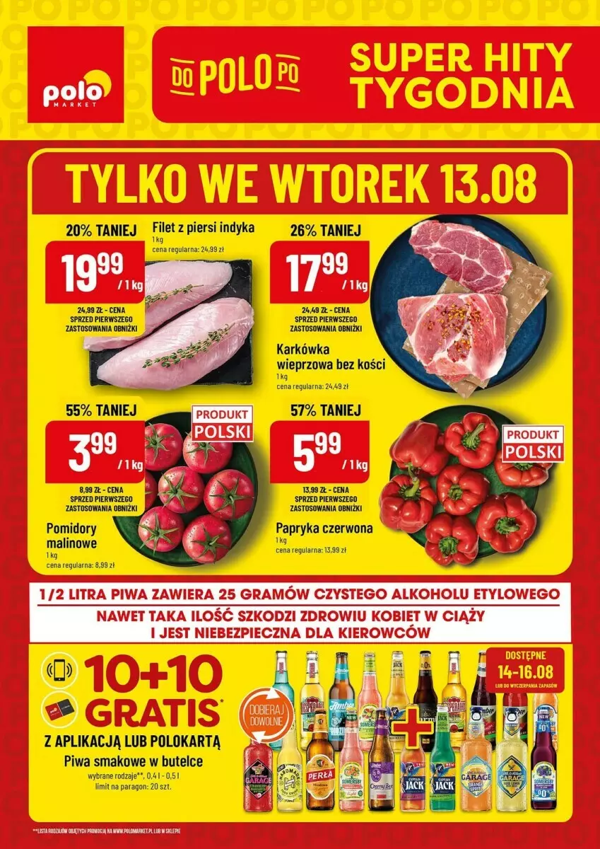 Gazetka promocyjna PoloMarket - ważna 13.08 do 20.08.2024 - strona 1 - produkty: Filet z piersi indyka, Karkówka wieprzowa, Papryka, Papryka czerwona, Piec, Piwa, Pomidory