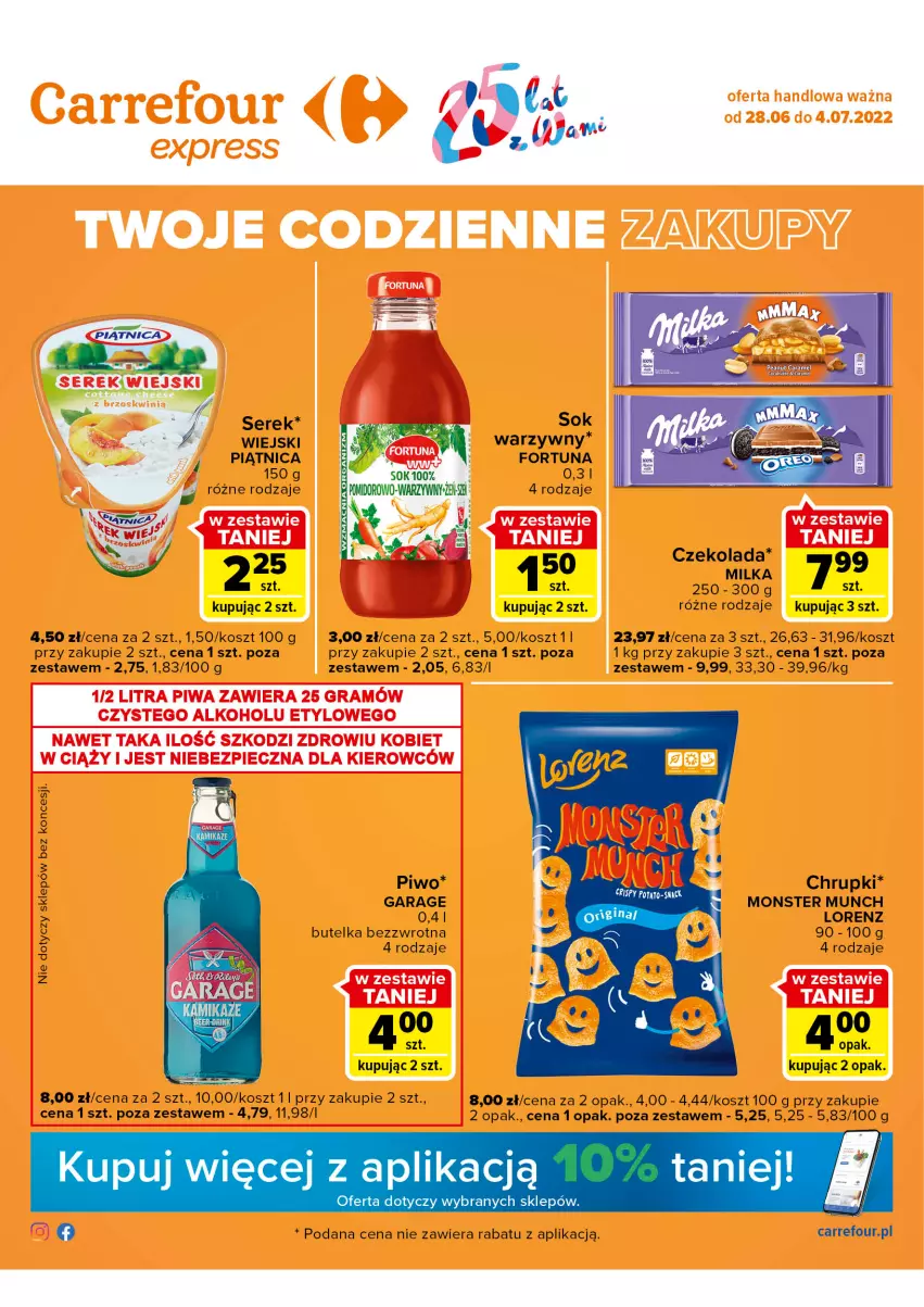 Gazetka promocyjna Carrefour - Gazetka Express - ważna 28.06 do 04.07.2022 - strona 1 - produkty: Chrupki, Czekolada, Fortuna, Gin, Kosz, Lorenz, Milka, Monster Munch, Piątnica, Piwo, Sok