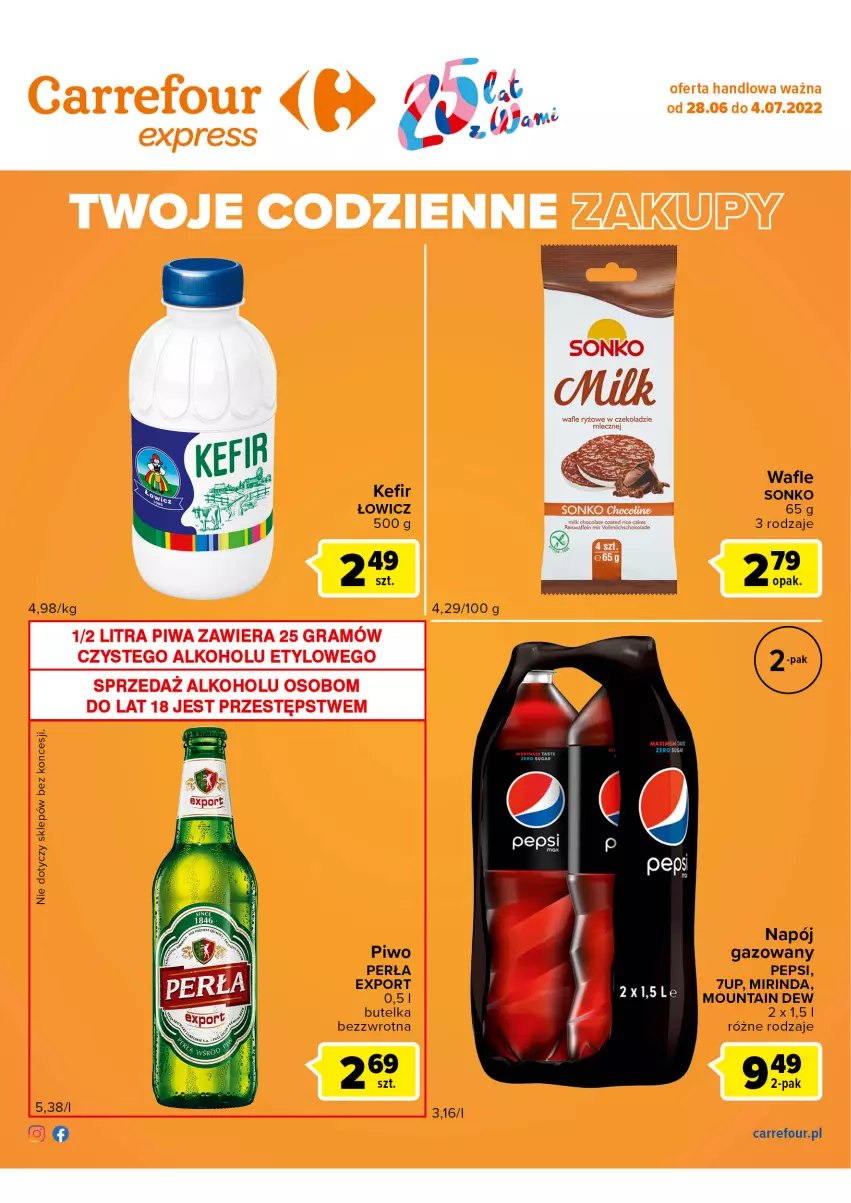 Gazetka promocyjna Carrefour - Gazetka Express - ważna 28.06 do 04.07.2022 - strona 2 - produkty: 7up, Gra, Kefir, Mirinda, Napój, Napój gazowany, Pepsi, Perła, Piwa, Piwo, Por, Sonko, Wafle