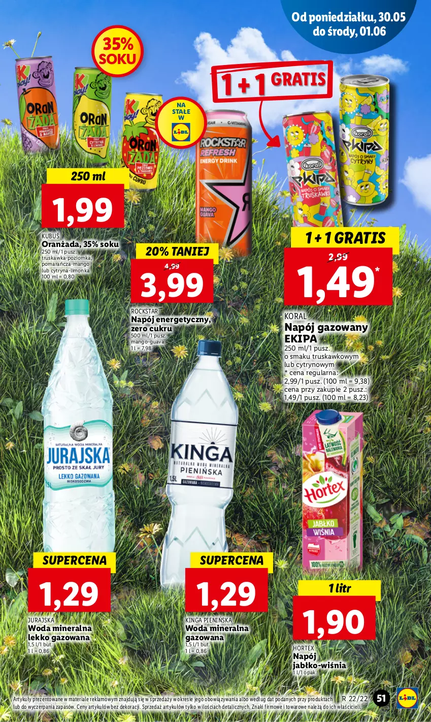 Gazetka promocyjna Lidl - GAZETKA - ważna 30.05 do 01.06.2022 - strona 51 - produkty: Gra, Hortex, Kubuś, Limonka, Mango, Napój, Napój energetyczny, Napój gazowany, Oranżada, Sok, Woda, Woda mineralna