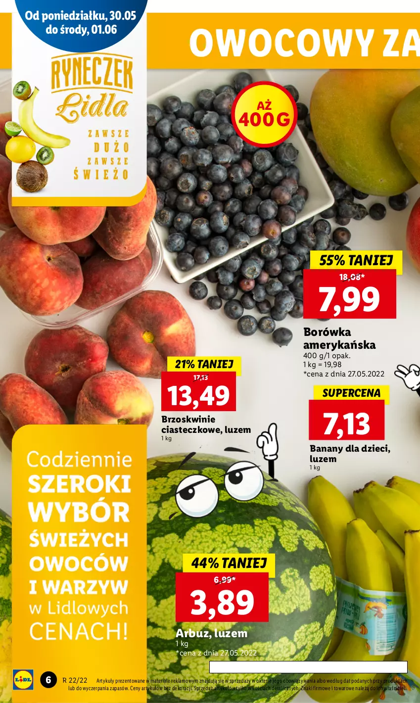 Gazetka promocyjna Lidl - GAZETKA - ważna 30.05 do 01.06.2022 - strona 6 - produkty: Arbuz, Banany, Borówka, Borówka amerykańska, Brzoskwinie, Dzieci