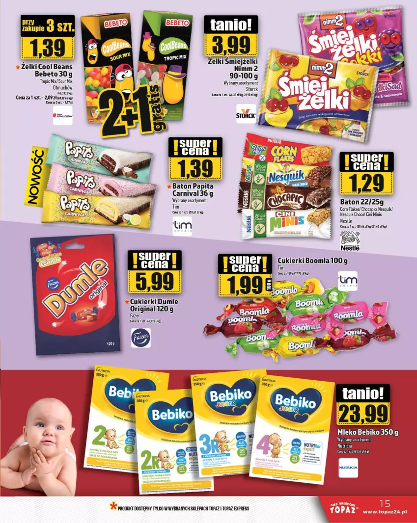 Gazetka promocyjna Topaz - Gazetka - ważna 08.08 do 14.08.2024 - strona 15 - produkty: Baton, Bebiko, Cini Minis, Corn flakes, Cukier, Cukierki, Fa, Gin, Nesquik, Top