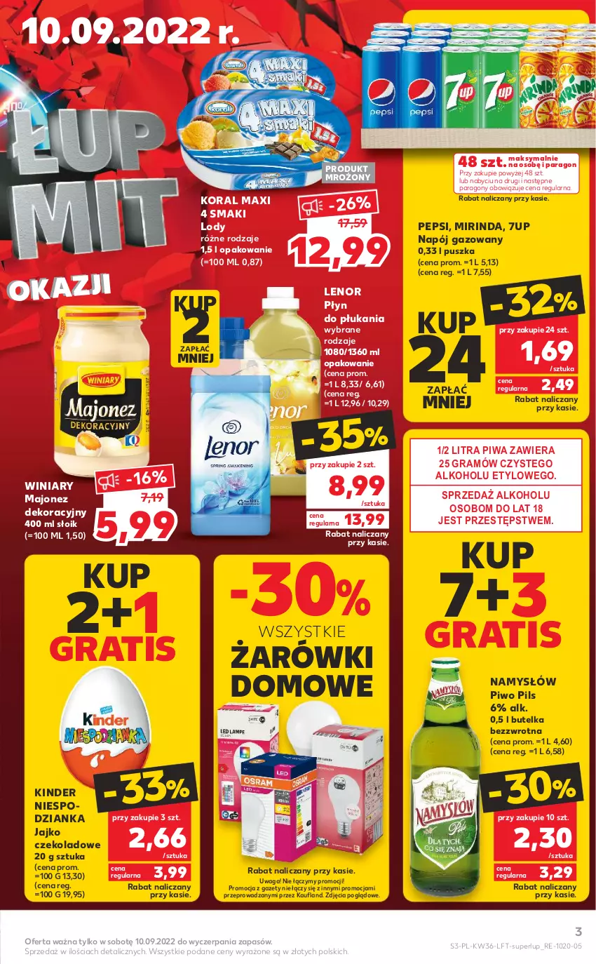 Gazetka promocyjna Kaufland - OFERTA TYGODNIA - ważna 08.09 do 14.09.2022 - strona 3 - produkty: 7up, Gra, Kinder, Lenor, Lody, Majonez, Mirinda, Namysłów, Napój, Napój gazowany, Pepsi, Piwa, Piwo, Płyn do płukania, Waga, Winiary