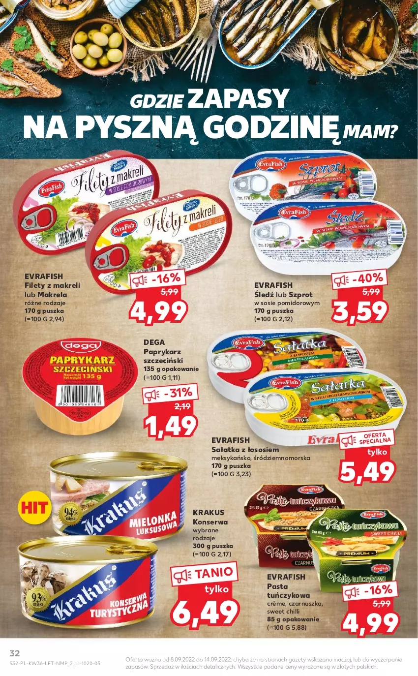 Gazetka promocyjna Kaufland - OFERTA TYGODNIA - ważna 08.09 do 14.09.2022 - strona 32 - produkty: Dega, Krakus, Papryka, Paprykarz, Paprykarz szczeciński, Sałat, Sałatka, Ser, Sos, Szprot, Tuńczyk