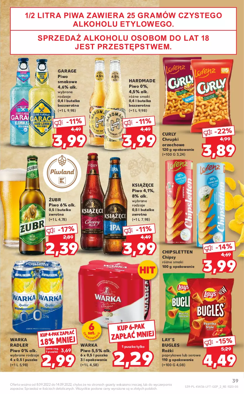 Gazetka promocyjna Kaufland - OFERTA TYGODNIA - ważna 08.09 do 14.09.2022 - strona 39 - produkty: Chipsy, Chrupki, Gra, Książęce, Piwa, Piwo, Radler, Ser, Warka