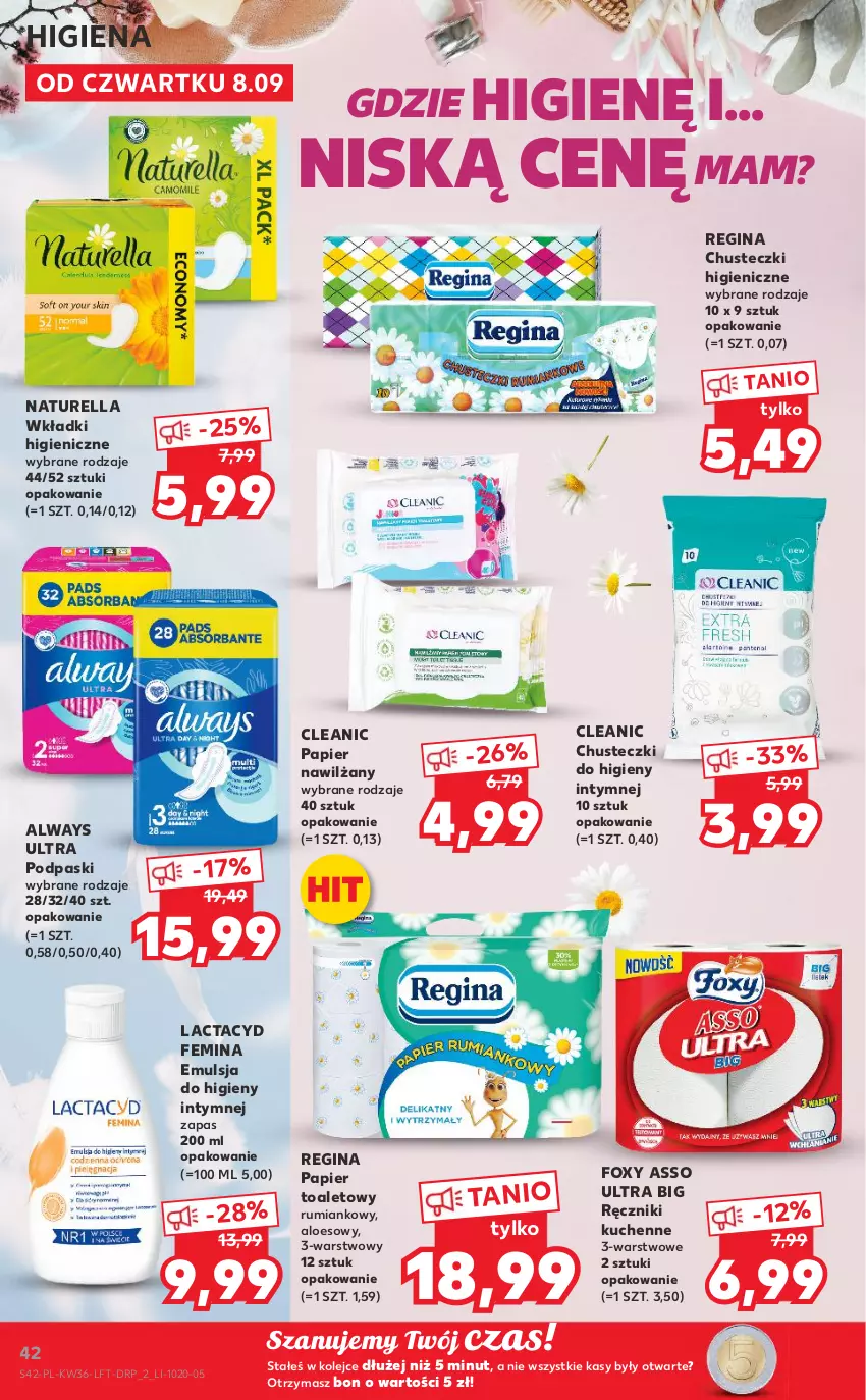 Gazetka promocyjna Kaufland - OFERTA TYGODNIA - ważna 08.09 do 14.09.2022 - strona 42 - produkty: Always, Always Ultra, Chusteczki, Chusteczki do higieny, Cleanic, Emulsja, Foxy, Gin, Lactacyd, Naturell, Naturella, Olej, Papier, Papier toaletowy, Podpaski, Ręcznik, Rum, Wkładki