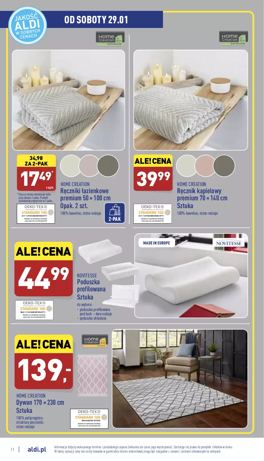 Gazetka promocyjna Aldi - Katalog Moda i Dom - ważna 24.01 do 30.01.2022 - strona 11 - produkty: Dywan, Poduszka, Ręcznik, Ręcznik kąpielowy, Wełna