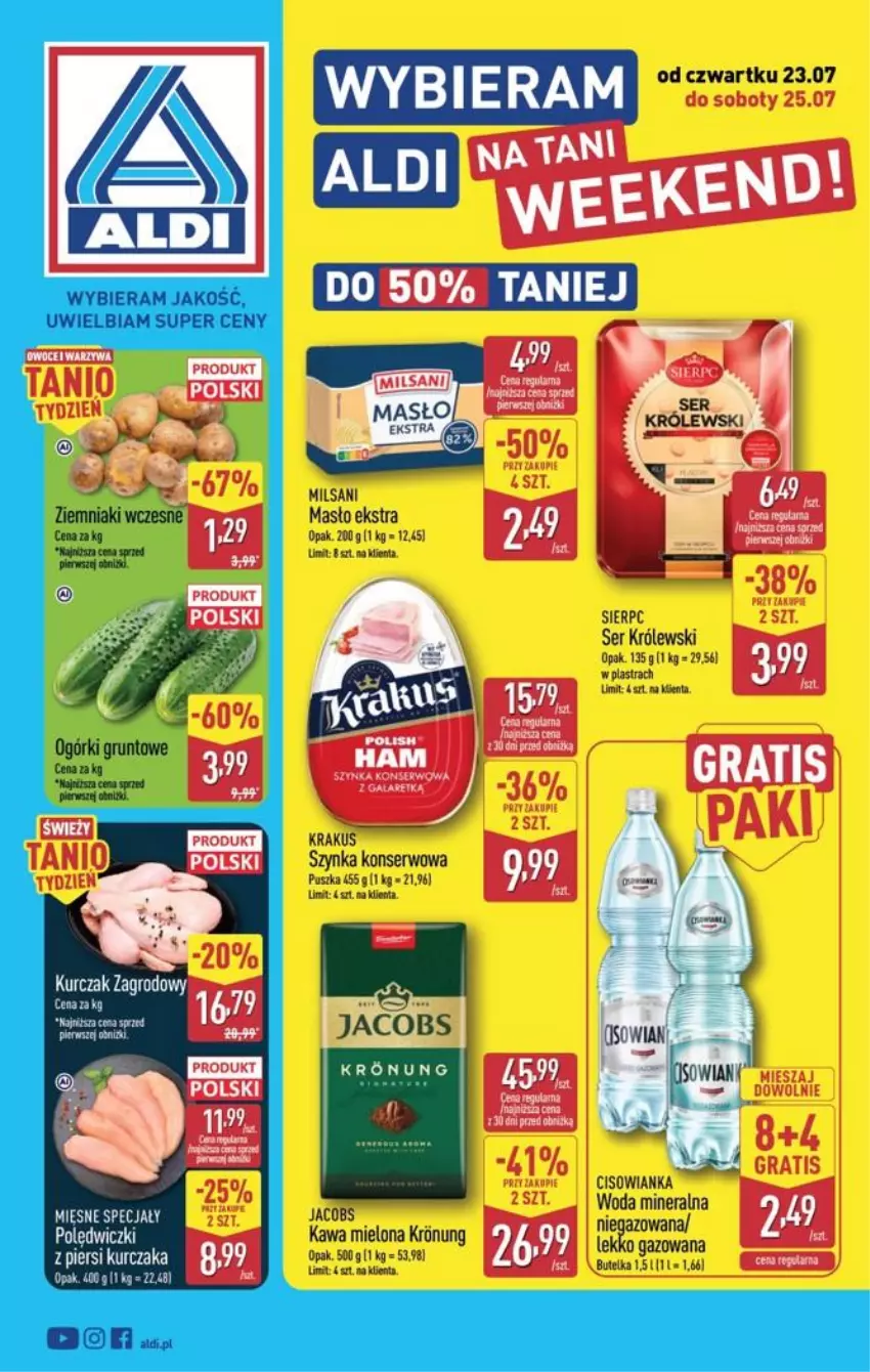 Gazetka promocyjna Aldi - Oferta weekendowa - ważna 23.07 do 25.07.2026 - strona 1 - produkty: Fa, Gra, Jacobs, Kawa, Kawa mielona, Krakus, Królewski, Masło, Ser, Szynka, Szynka konserwowa