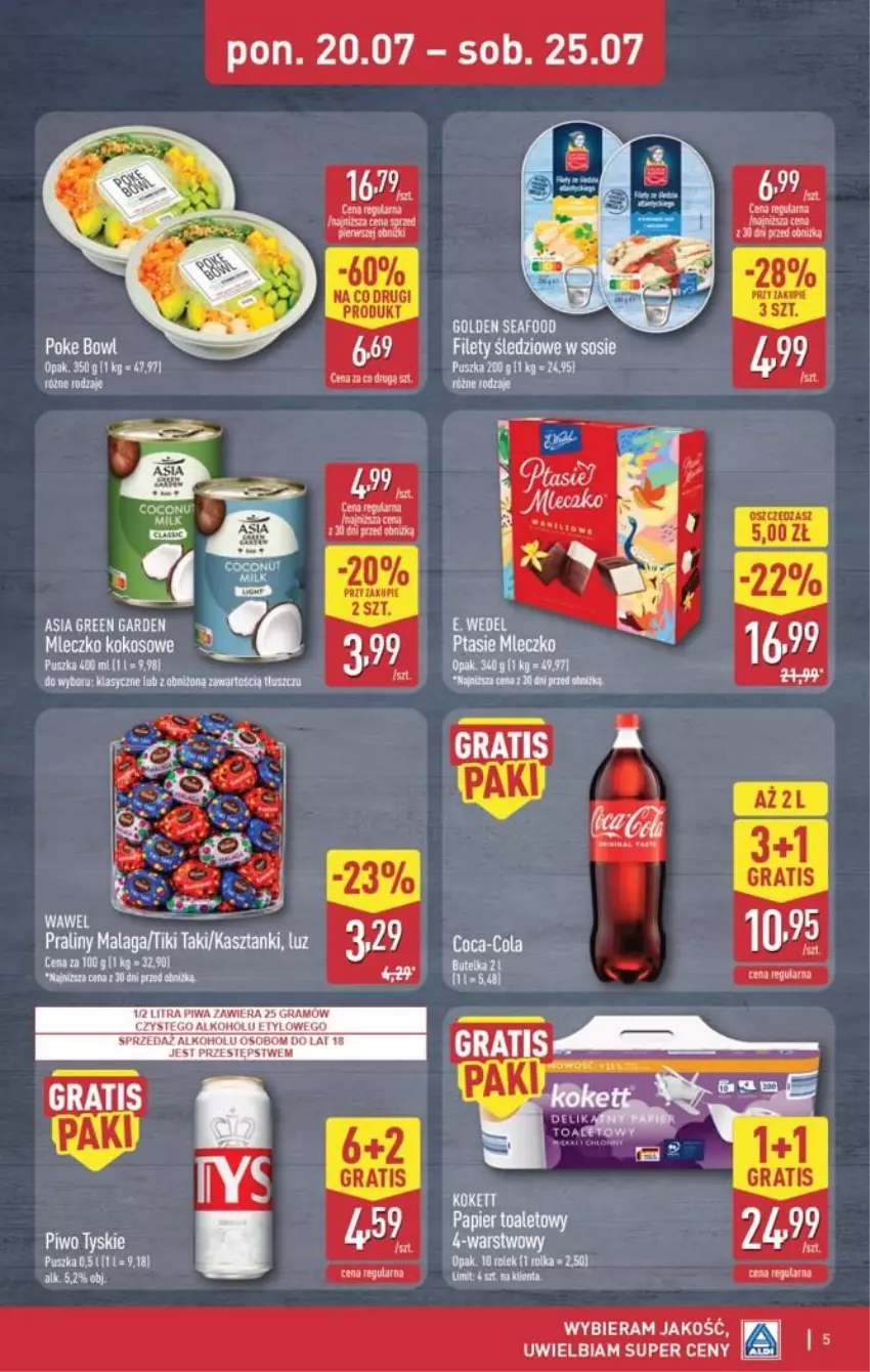Gazetka promocyjna Aldi - Oferta weekendowa - ważna 23.07 do 25.07.2026 - strona 5 - produkty: Coca-Cola, E. Wedel, Golden Seafood, Gra, Kokos, LANA, Mleczko, Piwa, Piwo, Ptasie mleczko, Sos, Tyskie