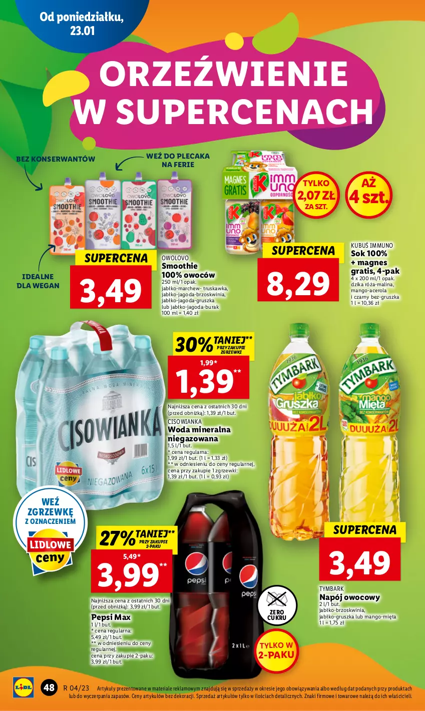 Gazetka promocyjna Lidl - GAZETKA - ważna 23.01 do 25.01.2023 - strona 50 - produkty: Acer, Cisowianka, Dzika róża, Gra, Kubuś, Mango, Mięta, Napój, Pepsi, Pepsi max, Plecak, Róża, Ser, Smoothie, Sok, Tymbark, Woda, Woda mineralna