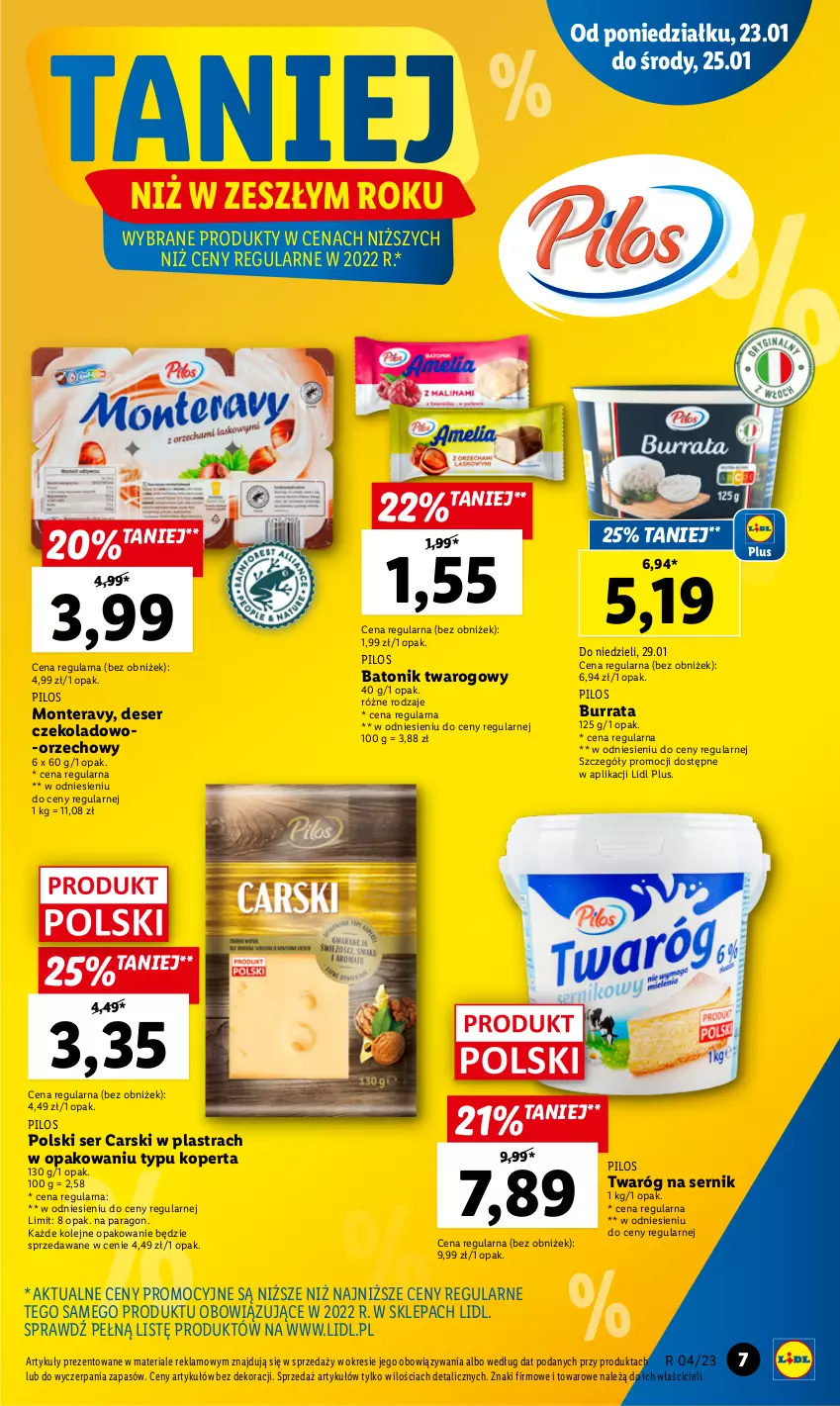 Gazetka promocyjna Lidl - GAZETKA - ważna 23.01 do 25.01.2023 - strona 7 - produkty: Baton, Batonik twarogowy, Burrata, Cars, Deser, Monte, Olej, Pilos, Ser, Tera, Tonik, Twaróg