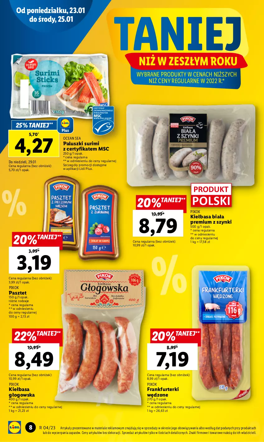 Gazetka promocyjna Lidl - GAZETKA - ważna 23.01 do 25.01.2023 - strona 8 - produkty: Frankfurterki, Kiełbasa, Kiełbasa biała, Kiełbasa głogowska, Pasztet, PIKOK, Surimi