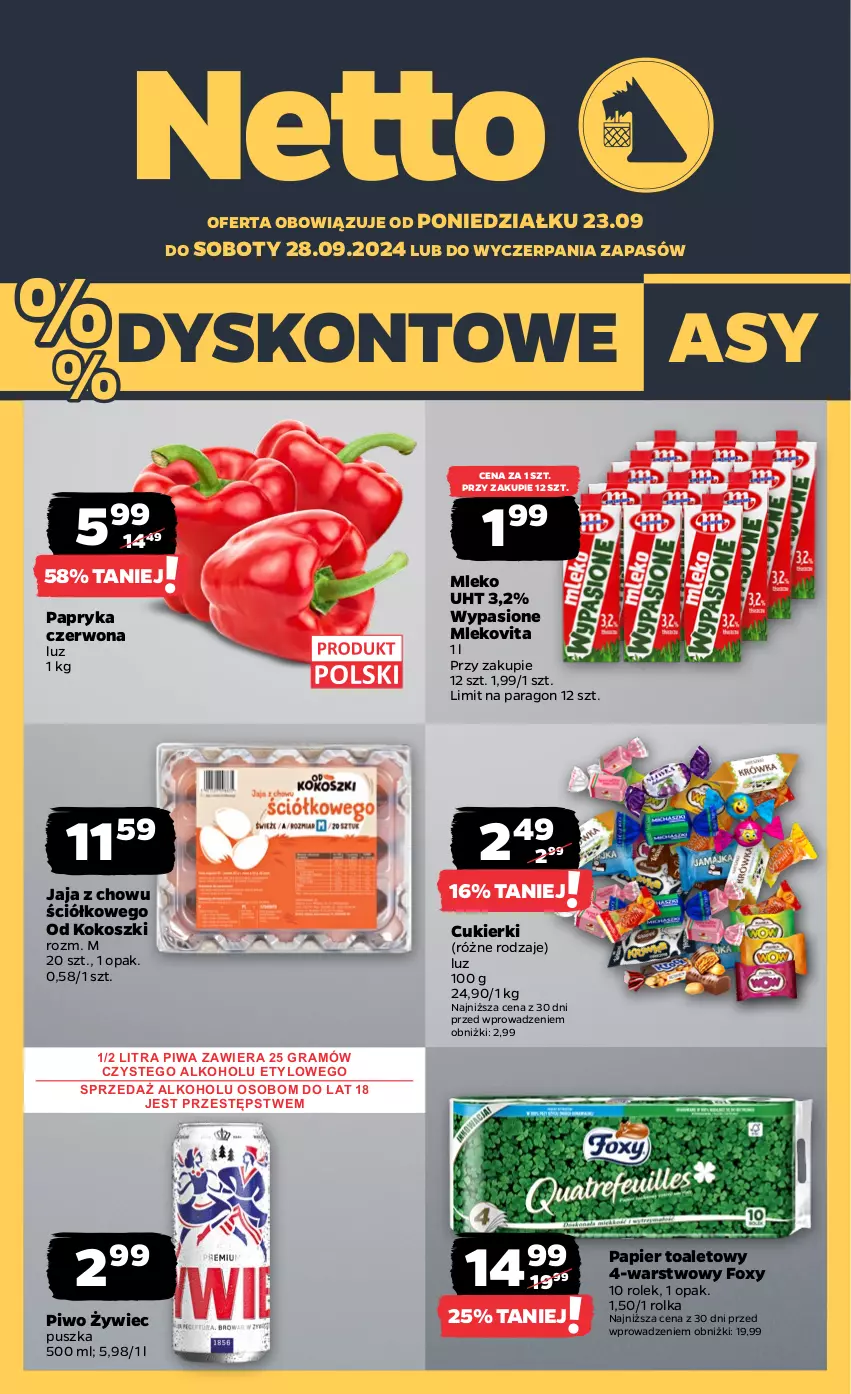 Gazetka promocyjna Netto - Netto Gazetka Food 39/24A - ważna 23.09 do 28.09.2024 - strona 1 - produkty: Cukier, Cukierki, Foxy, Gra, Jaja, Kokos, Kosz, Mleko, Mlekovita, Papier, Papier toaletowy, Papryka, Papryka czerwona, Piwa, Piwo