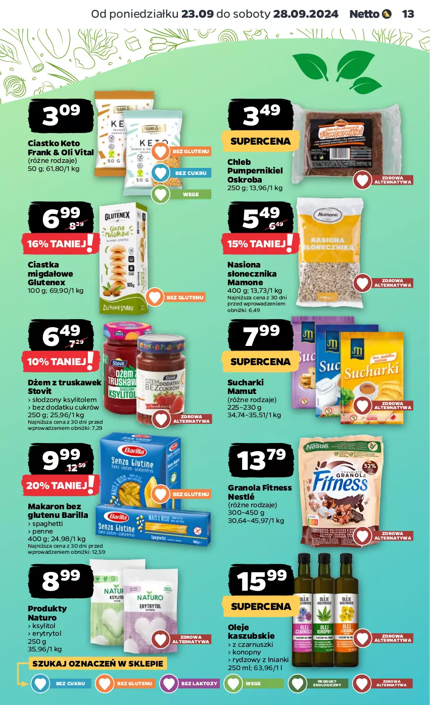 Gazetka promocyjna Netto - Netto Gazetka Food 39/24A - ważna 23.09 do 28.09.2024 - strona 13 - produkty: Barilla, Chleb, Ciastka, Dżem, Gra, Granola, Ksylitol, Makaron, Nestlé, Olej, Penne, Spaghetti, Tenex