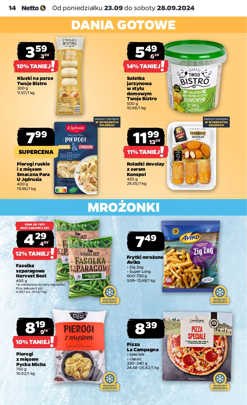 Gazetka promocyjna Netto - Netto Gazetka Food 39/24A - ważna 23.09 do 28.09.2024 - strona 14 - produkty: Dania gotowe, Fa, Frytki, Kluski na parze, Pierogi, Pizza, Sałat, Sałatka, Ser