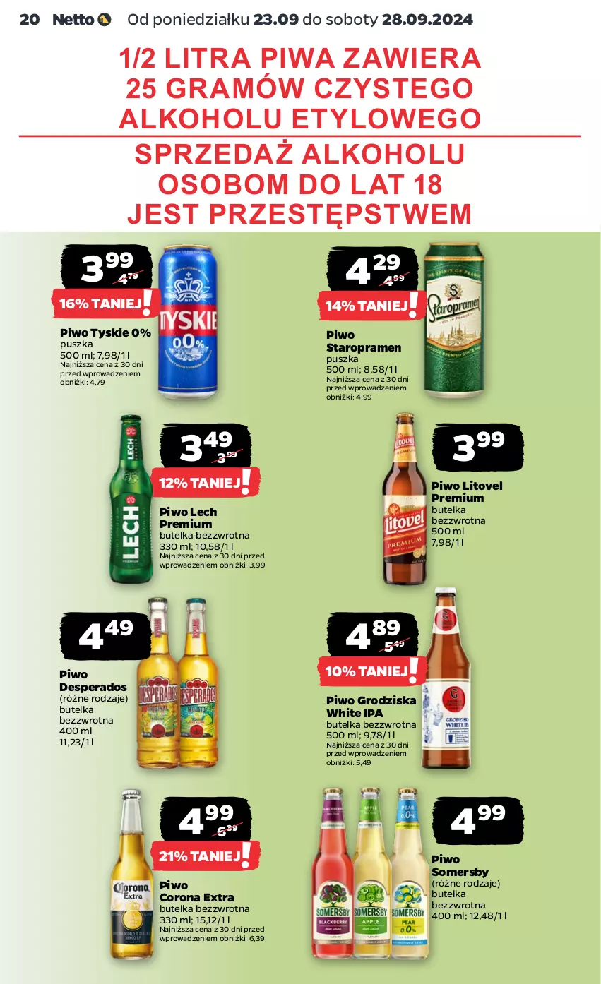 Gazetka promocyjna Netto - Netto Gazetka Food 39/24A - ważna 23.09 do 28.09.2024 - strona 20 - produkty: Corona Extra, Desperados, Gra, Lech Premium, Piwa, Piwo, Somersby, Tyskie