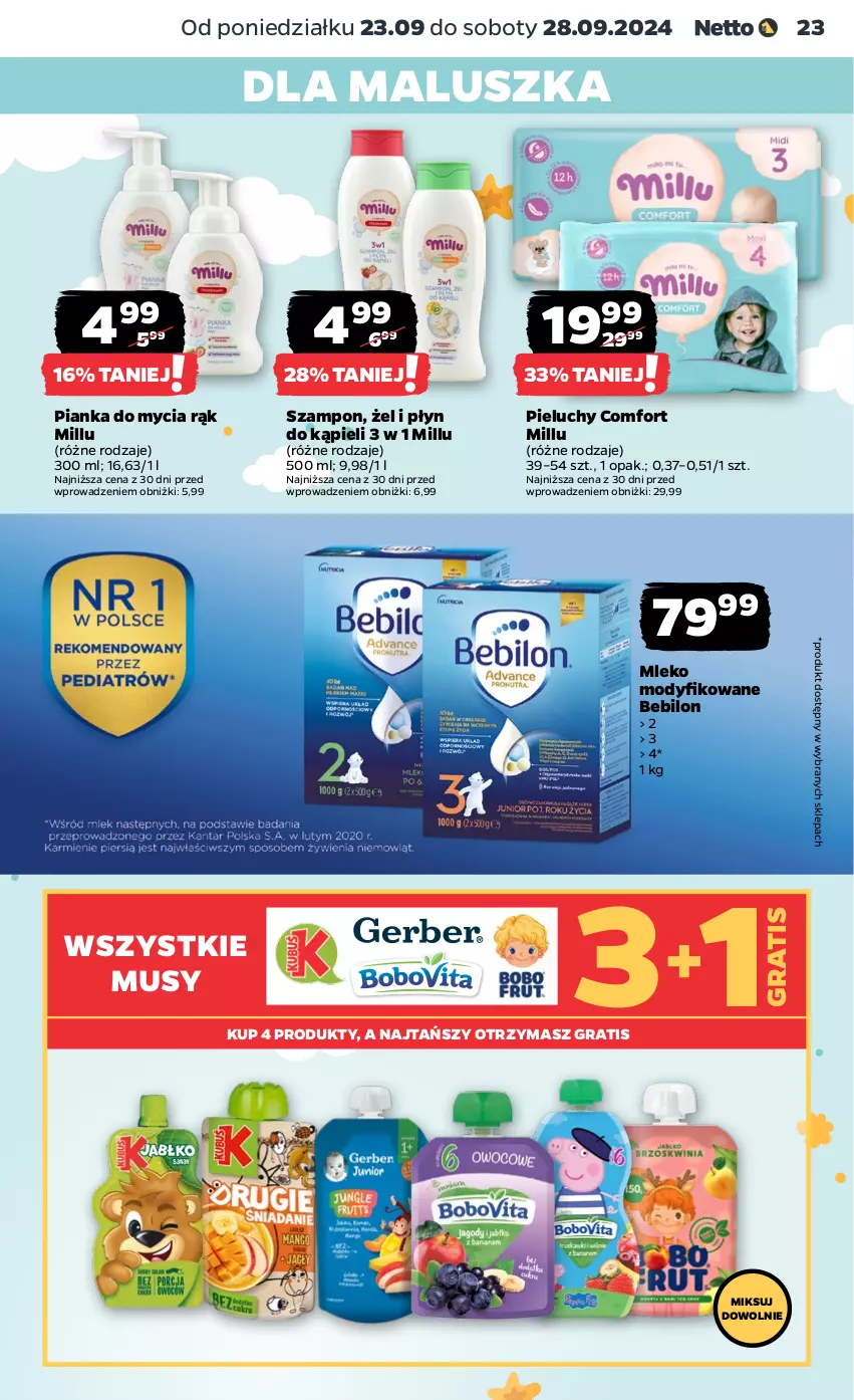 Gazetka promocyjna Netto - Netto Gazetka Food 39/24A - ważna 23.09 do 28.09.2024 - strona 23 - produkty: BEBILON, Gra, Mleko, Mus, Pieluchy, Płyn do kąpieli, Szampon