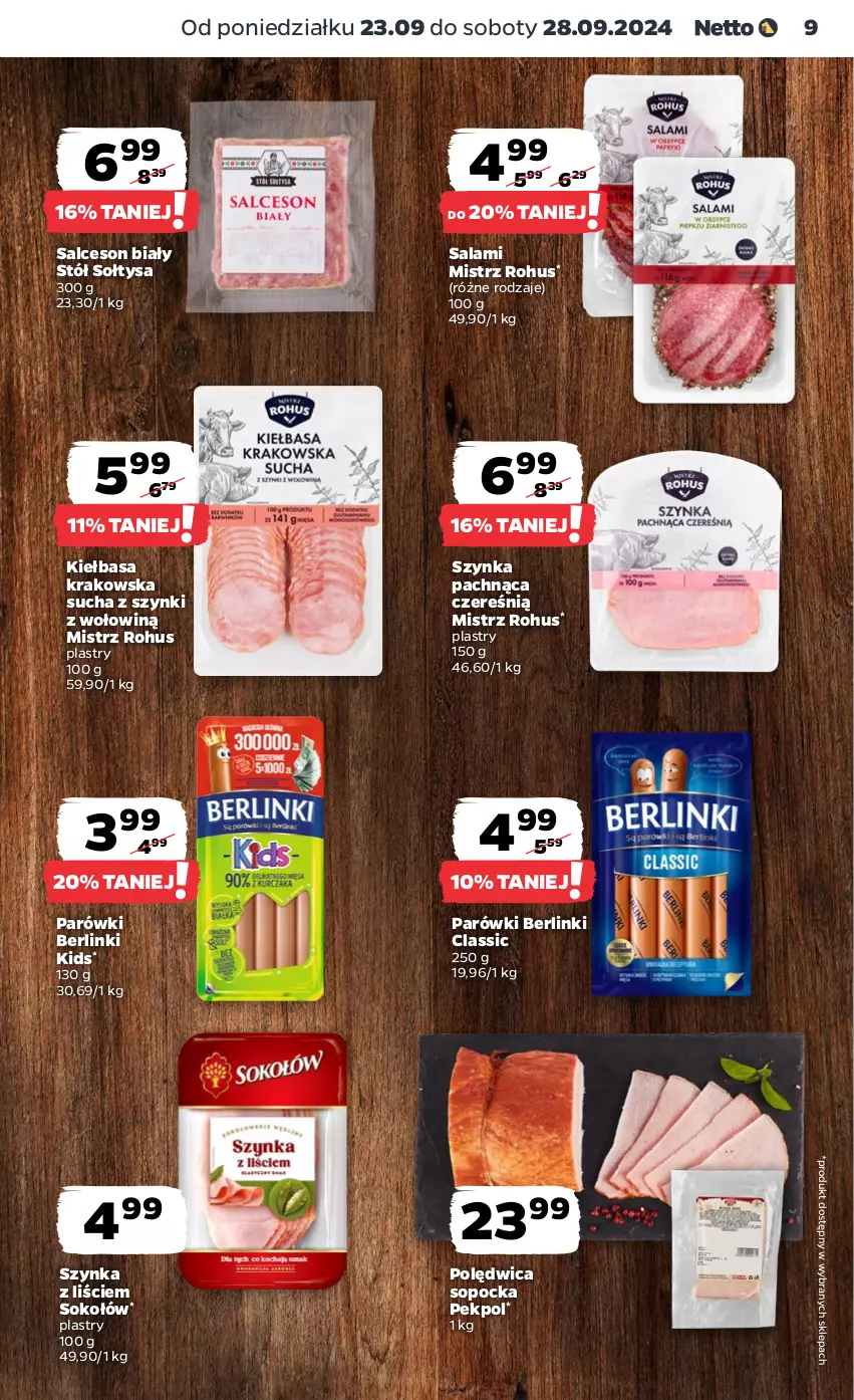 Gazetka promocyjna Netto - Netto Gazetka Food 39/24A - ważna 23.09 do 28.09.2024 - strona 9 - produkty: Berlinki, Kiełbasa, Kiełbasa krakowska, Parówki, Pekpol, Polędwica, Salami, Salceson, Sok, Sokołów, Stół, Szynka