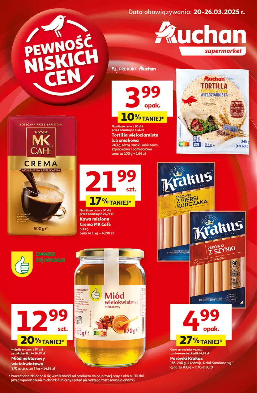 Gazetka promocyjna Auchan - Pewność Niskich Cen Supermarket - ważna 20.03 do 26.03.2025 - strona 1 - produkty: Kawa, Kawa mielona, Krakus, Nektar, Parówki