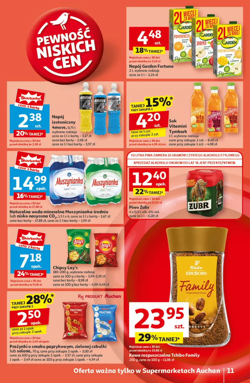 Gazetka promocyjna Auchan - Pewność Niskich Cen Supermarket - ważna 20.03 do 26.03.2025 - strona 13 - produkty: Chipsy, Fortuna, Mus, Muszynianka, Napój, Napój izotoniczny, O nas, Piwo, Sok, Tymbark, Woda, Woda mineralna