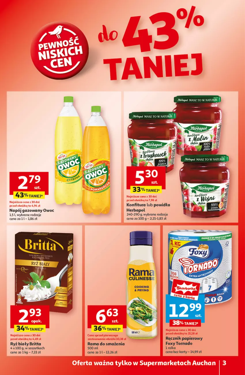 Gazetka promocyjna Auchan - Pewność Niskich Cen Supermarket - ważna 20.03 do 26.03.2025 - strona 5 - produkty: Brit, Foxy, Herbapol, Konfitura, Napój, Napój gazowany, Papier, Rama, Ręcznik, Ryż, Ryż biały