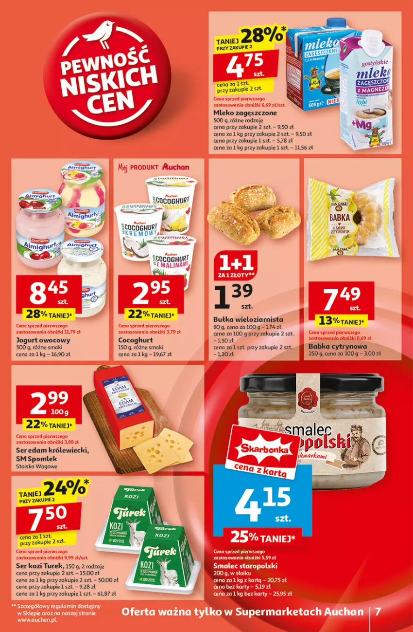 Gazetka promocyjna Auchan - Pewność Niskich Cen Supermarket - ważna 20.03 do 26.03.2025 - strona 9 - produkty: Babka, Bułka, Bułka wieloziarnista, Edam, Jogurt, Jogurt owocowy, Kosz, Mleko, Mleko zagęszczone, Nioh, Ser, Ser kozi