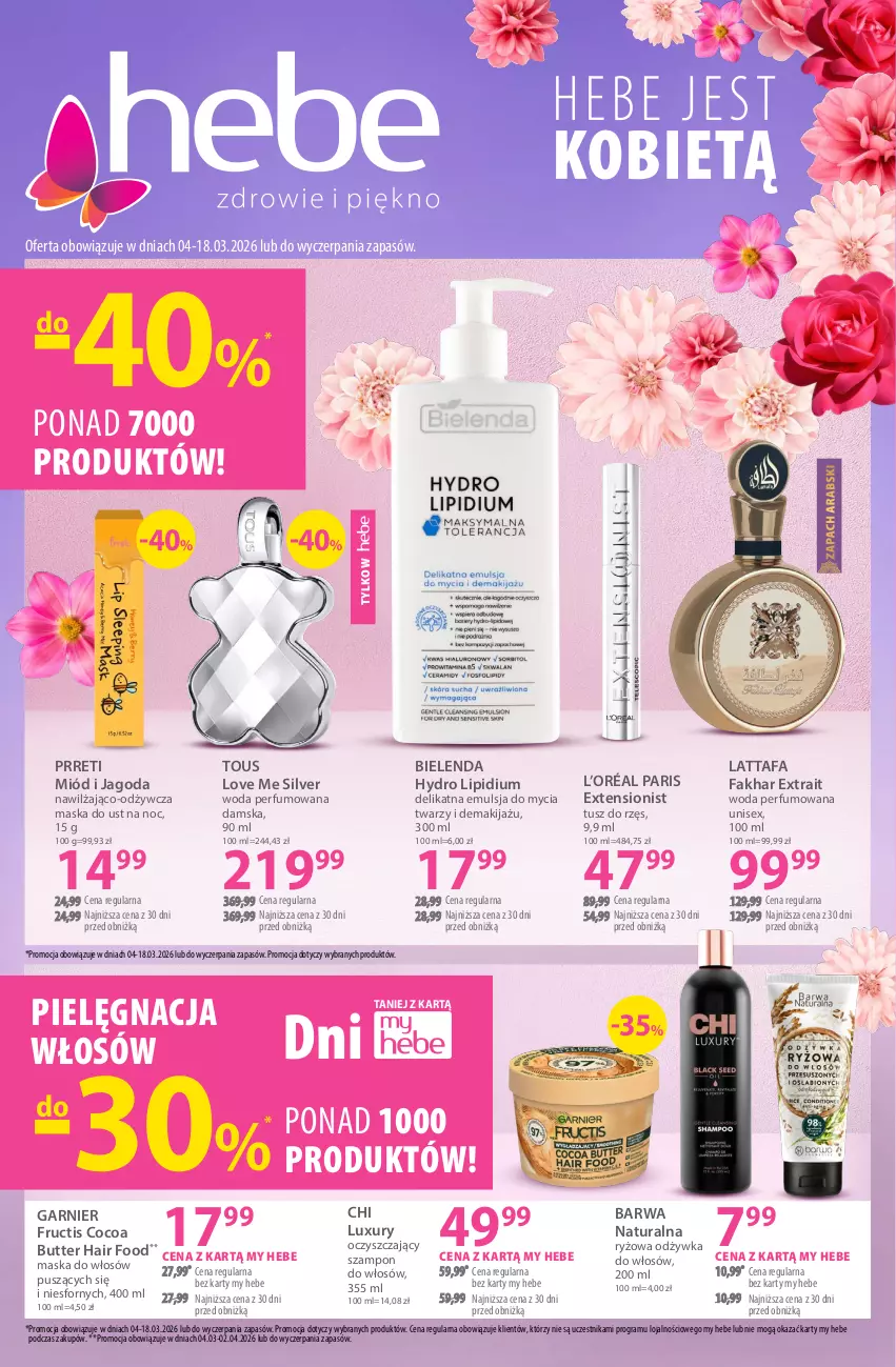 Gazetka promocyjna Hebe - Gazetka - ważna 04.03 do 18.03.2026 - strona 1 - produkty: Barwa Naturalna, Bielenda, Emulsja, Emulsja do mycia, Fa, Fructis, Garnier, Gra, L’Oréal, Makijaż, Maska, Maska do włosów, Miód, Odżywka, Perfum, Pielęgnacja włosów, Ryż, Szampon, Tusz, Woda, Woda perfumowana
