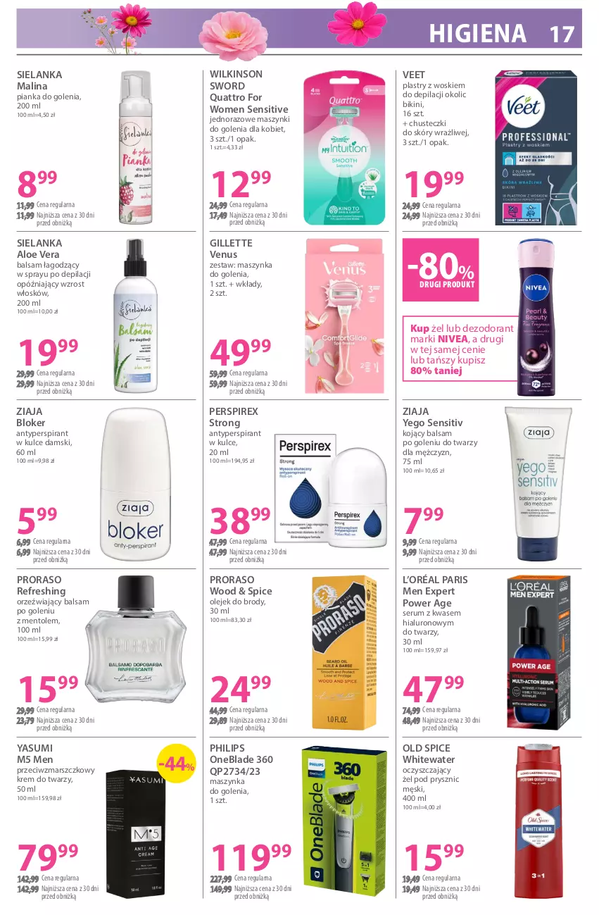 Gazetka promocyjna Hebe - Gazetka - ważna 04.03 do 18.03.2026 - strona 17 - produkty: Aloe vera, Antyperspirant, Balsam po goleniu, Bikini, Chusteczki, Dezodorant, Gillette, Gillette Venus, Krem do twarzy, L’Oréal, Mars, Maszynka, Maszynka do golenia, Nivea, Old Spice, Olej, Philips, Philips OneBlade, Pianka do golenia, Rum, Ser, Serum, Szynka, Veet, Venus, Wilkinson Sword, Ziaja