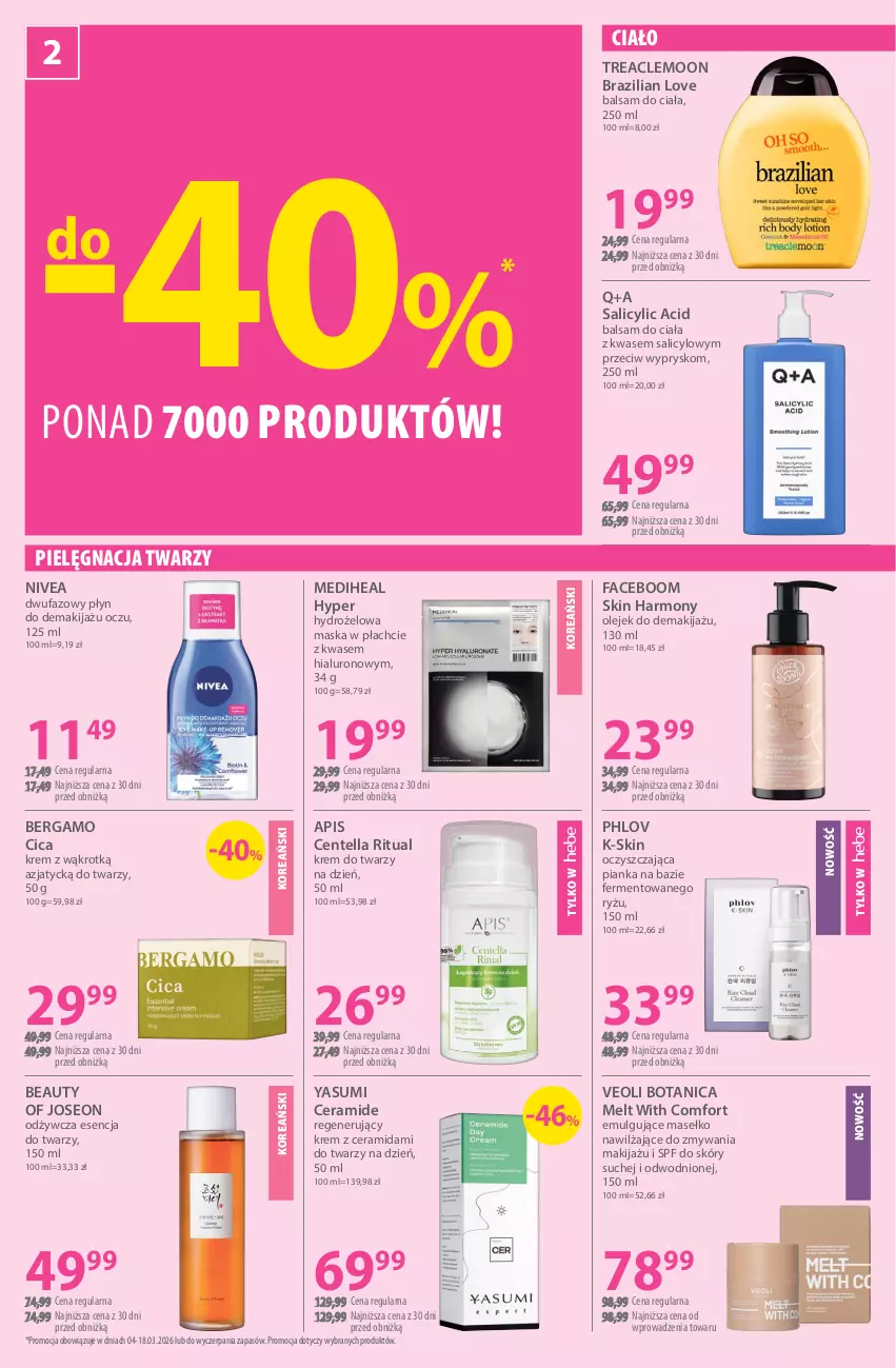 Gazetka promocyjna Hebe - Gazetka - ważna 04.03 do 18.03.2026 - strona 2 - produkty: Balsam do ciała, Fa, Krem do twarzy, LG, Makijaż, Maska, Maska w płachcie, Nivea, Olej, Olejek do demakijażu, Ryż, Veoli Botanica