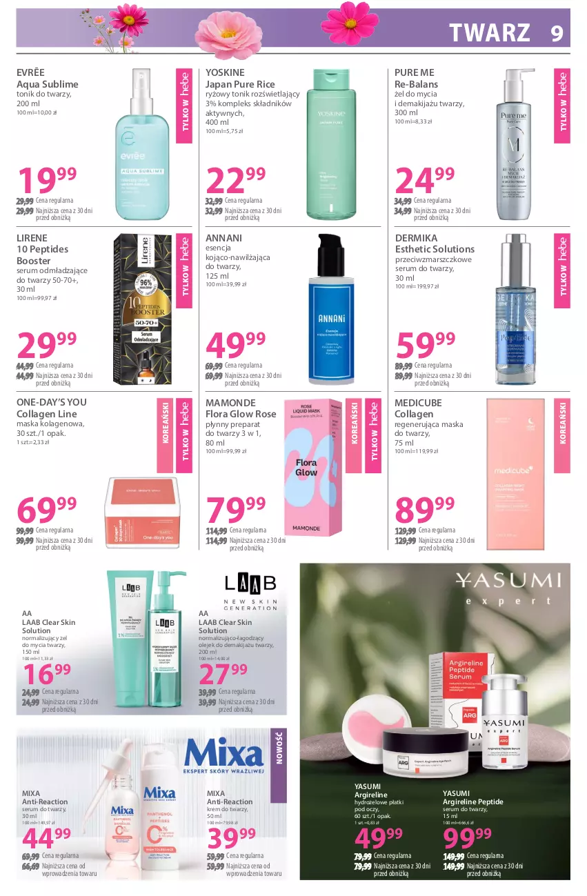 Gazetka promocyjna Hebe - Gazetka - ważna 04.03 do 18.03.2026 - strona 9 - produkty: Booster, Dermika, Flora, Hydrożelowe płatki pod oczy, Kolagen, Krem do twarzy, Lirene, Makijaż, Mars, Maska, Maska do twarzy, Mixa, Olej, Olejek do demakijażu, Pur, Regenerująca maska, Rum, Ryż, Ser, Serum, Serum do twarzy, Tonik, Tonik do twarzy, Yoskine
