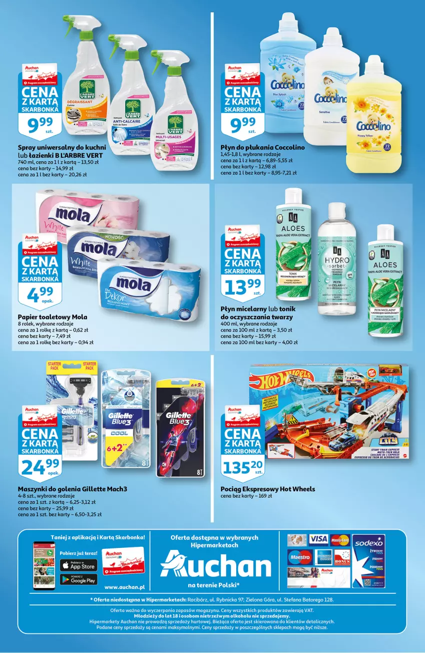 Gazetka promocyjna Auchan - Skarbonka #29 - ważna 20.07 do 28.07.2021 - strona 3 - produkty: Coccolino, Gillette, Gra, Hot Wheels, Mach3, Mola, Papier, Papier toaletowy, Płyn do płukania, Płyn micelarny, Pociąg, Tonik