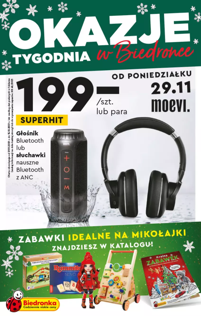 Gazetka promocyjna Biedronka - Okazje tygodnia - ważna 29.11 do 12.12.2021 - strona 1 - produkty: Głośnik, Głośnik bluetooth, Słuchawki