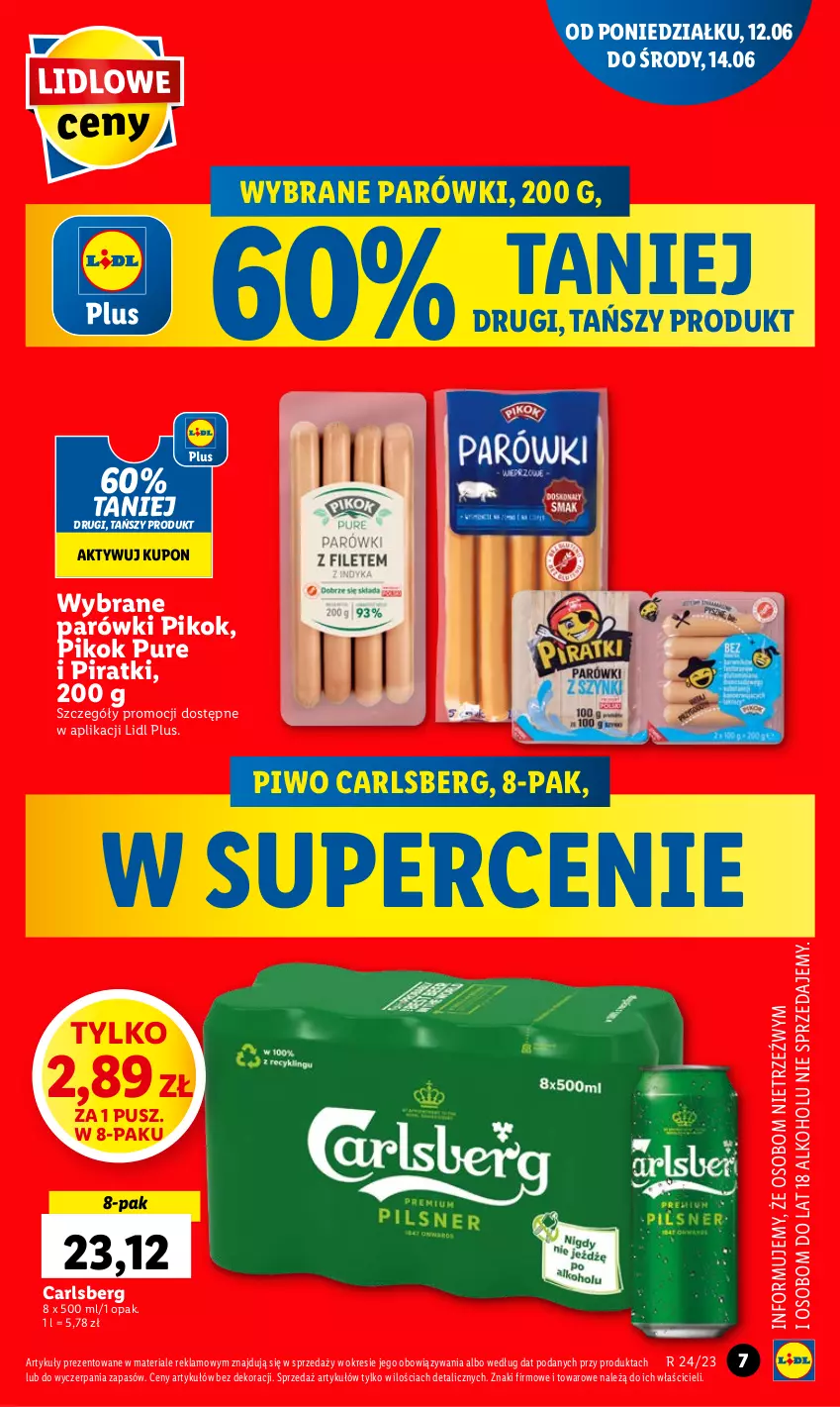 Gazetka promocyjna Lidl - GAZETKA - ważna 12.06 do 14.06.2023 - strona 11 - produkty: Carlsberg, Parówki, PIKOK, Piwo, Pur