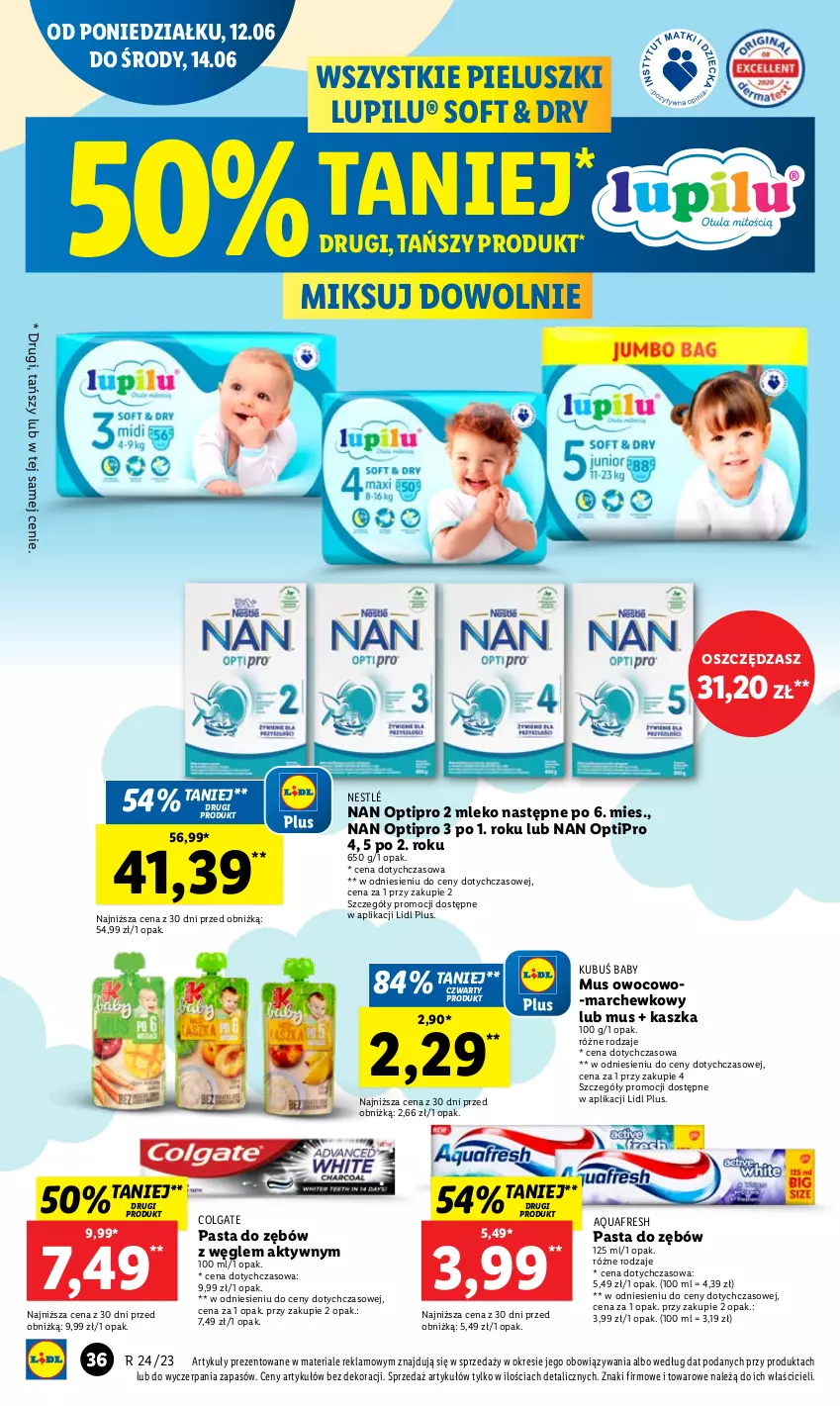 Gazetka promocyjna Lidl - GAZETKA - ważna 12.06 do 14.06.2023 - strona 38 - produkty: Aquafresh, Colgate, Kubuś, LG, Mleko, Mus, NAN Optipro, Nestlé, O nas, Pasta do zębów