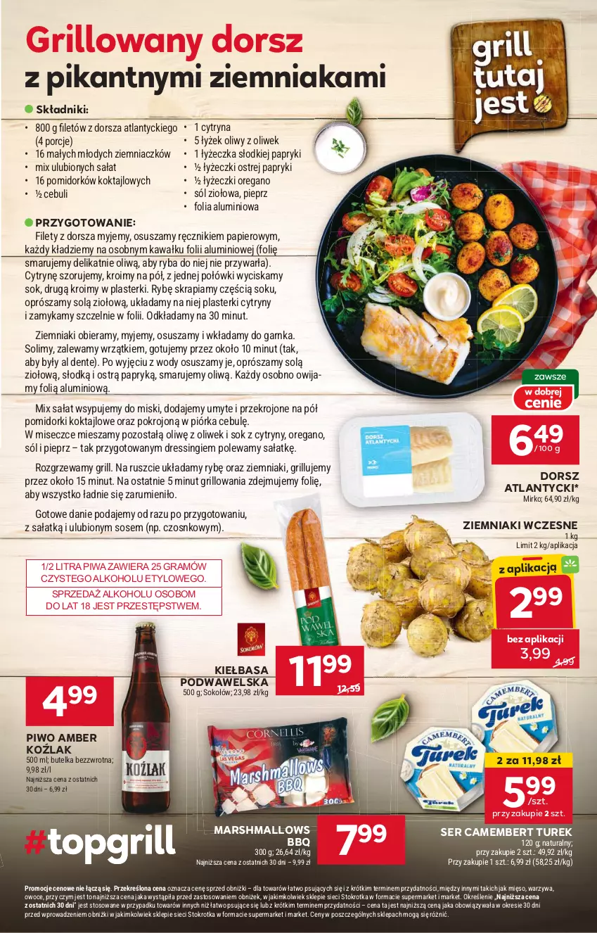 Gazetka promocyjna Stokrotka - Supermarket - ważna 13.06 do 19.06.2024 - strona 5 - produkty: Camembert, Cytryny, Dorsz, Dres, Folia aluminiowa, Gra, Grill, Kawa, Kiełbasa, Kiełbasa podwawelska, Mars, Marshmallows, Mięso, Owoce, Papier, Pieprz, Piwa, Piwo, Plasterki, Pomidorki, Por, Ręcznik, Rum, Ryba, Sałat, Ser, Sok, Sokołów, Sól, Sos, Warzywa, Wawel, Ziemniaki