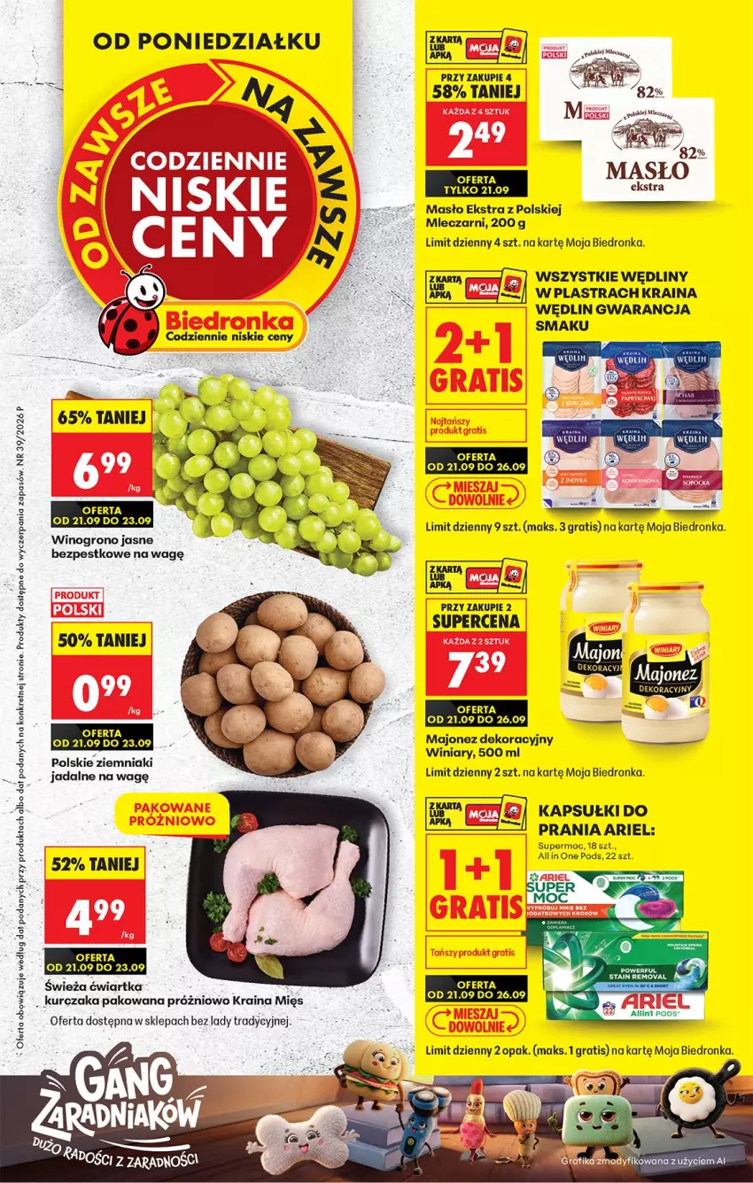 Gazetka promocyjna Biedronka - Od Poniedziałku - ważna 21.09 do 26.09.2026 - strona 1 - produkty: Ariel, Koc, Kret, Kurczak, Majonez, Masło, Winiary, Wino, Ziemniaki