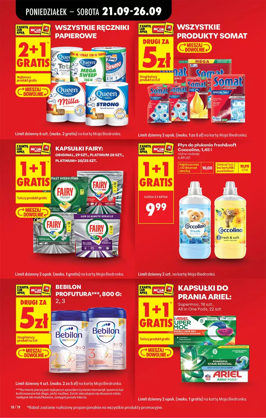 Gazetka promocyjna Biedronka - Od Poniedziałku - ważna 21.09 do 26.09.2026 - strona 20 - produkty: Ariel, BEBILON, Coccolino, Fa, Fairy, Gin, Gra, Karmi, LG, Mleko, O nas, Papier, Płyn do płukania, Por, Ręcznik, Somat