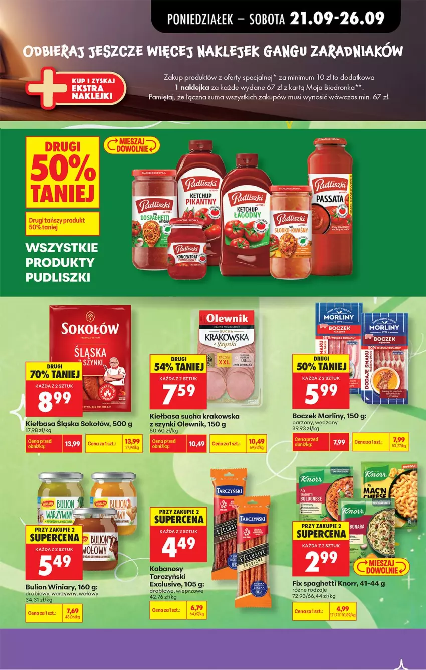 Gazetka promocyjna Biedronka - Od Poniedziałku - ważna 21.09 do 26.09.2026 - strona 25 - produkty: Boczek, Bulion, Fa, Kabanos, Ketchup, Kiełbasa, Kiełbasa śląska, Klej, Knorr, Lion, Mięta, Morliny, Mus, Olewnik, Pudliszki, Sok, Sokołów, Spaghetti, Tarczyński, Winiary