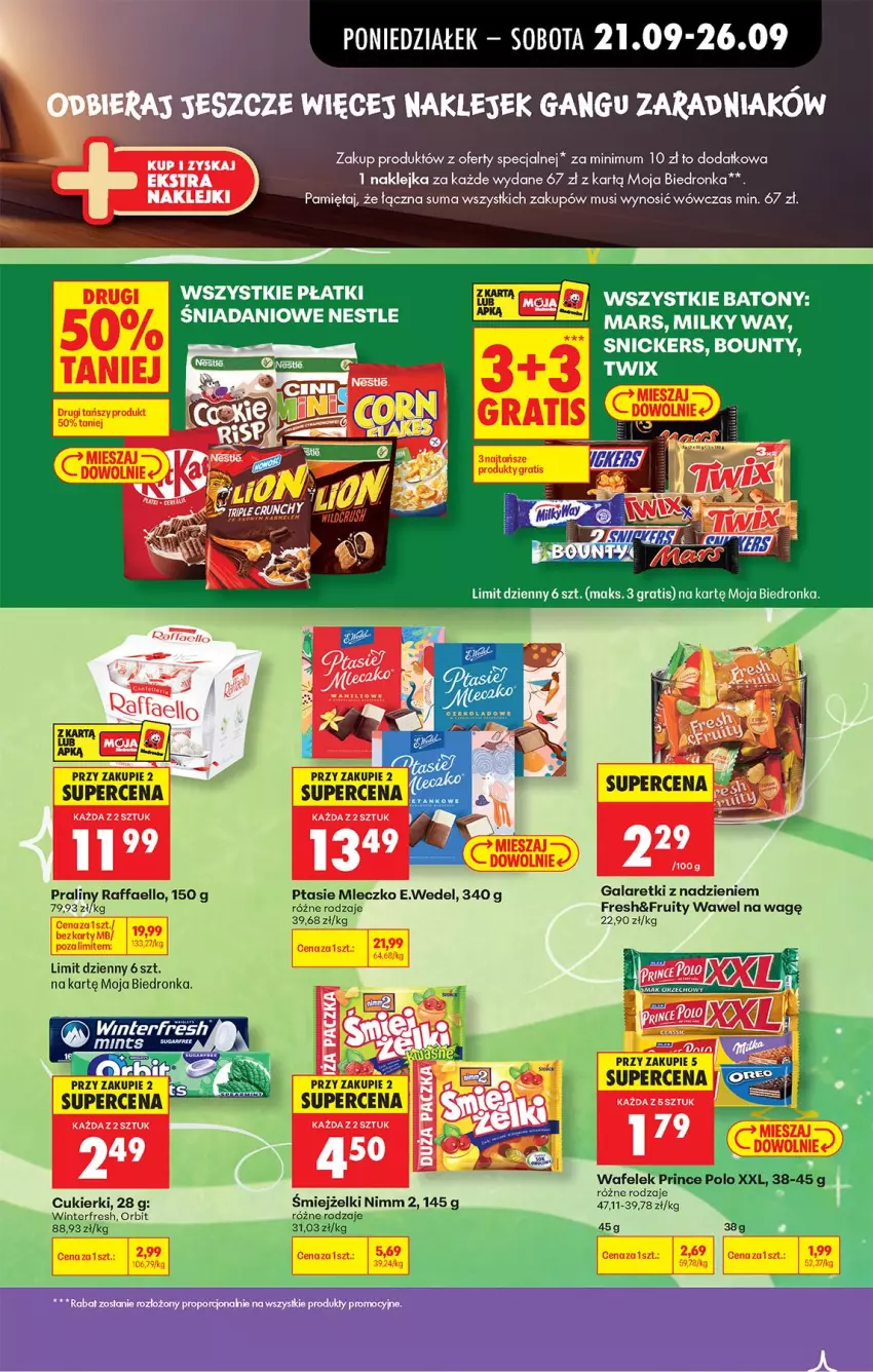 Gazetka promocyjna Biedronka - Od Poniedziałku - ważna 21.09 do 26.09.2026 - strona 27 - produkty: Baton, Bounty, Cukier, Cukierki, Danio, Fa, Gala, Galaretki, Klej, Mars, Mięta, Milky Way, Mleczko, Mus, Orbit, Praliny, Prince Polo, Ptasie mleczko, Raffaello, Snickers, Twix, Wafelek, Wawel