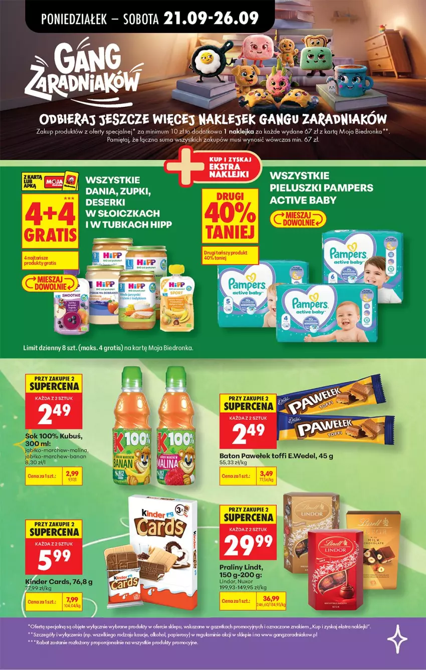Gazetka promocyjna Biedronka - Od Poniedziałku - ważna 21.09 do 26.09.2026 - strona 30 - produkty: Baton, Deser, Gra, HiPP, Kinder, Klej, Kubuś, Lindor, Lindt, Mięta, Mus, Pampers, Papier, Por, Praliny, Ser, Sok