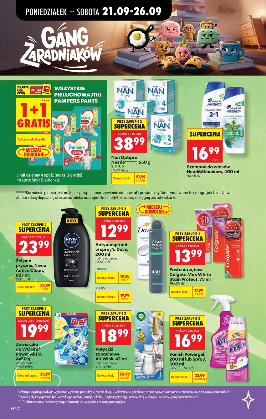 Gazetka promocyjna Biedronka - Od Poniedziałku - ważna 21.09 do 26.09.2026 - strona 32 - produkty: Antyperspirant, Bref, Colgate, Dove, Gra, Karmi, LG, Majtki, Mleko, NAN Optipro, Nivea, O nas, Pampers, Pasta do zębów, Pieluchomajtki, Por, Szampon, Vanish